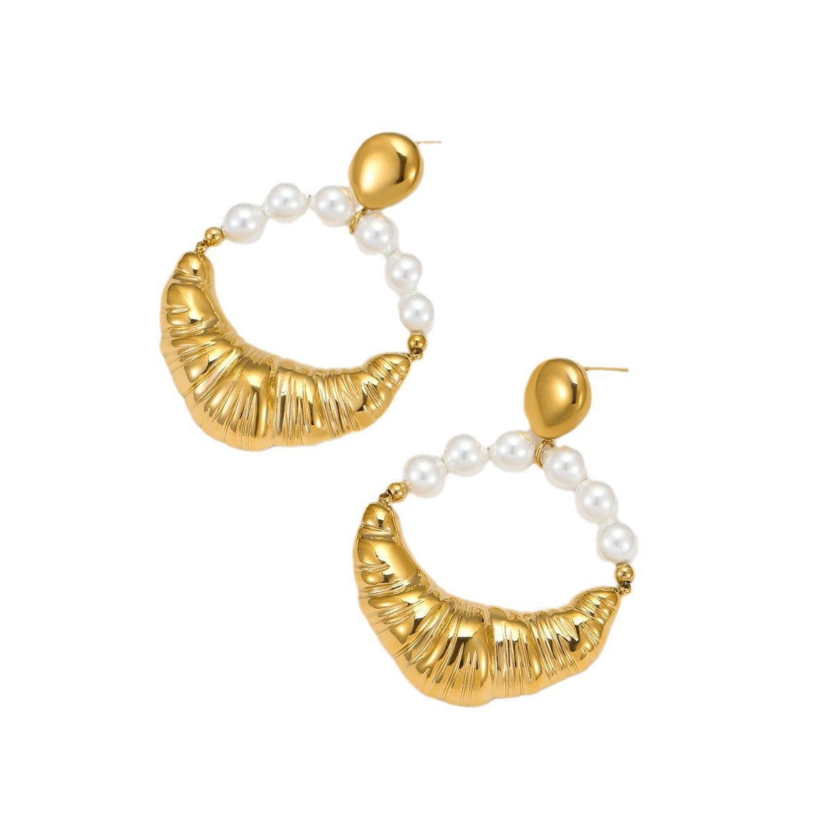 Orecchini a perno da donna a forma di megafono minimalista in acciaio inossidabile con placcatura in oro e accento di perla