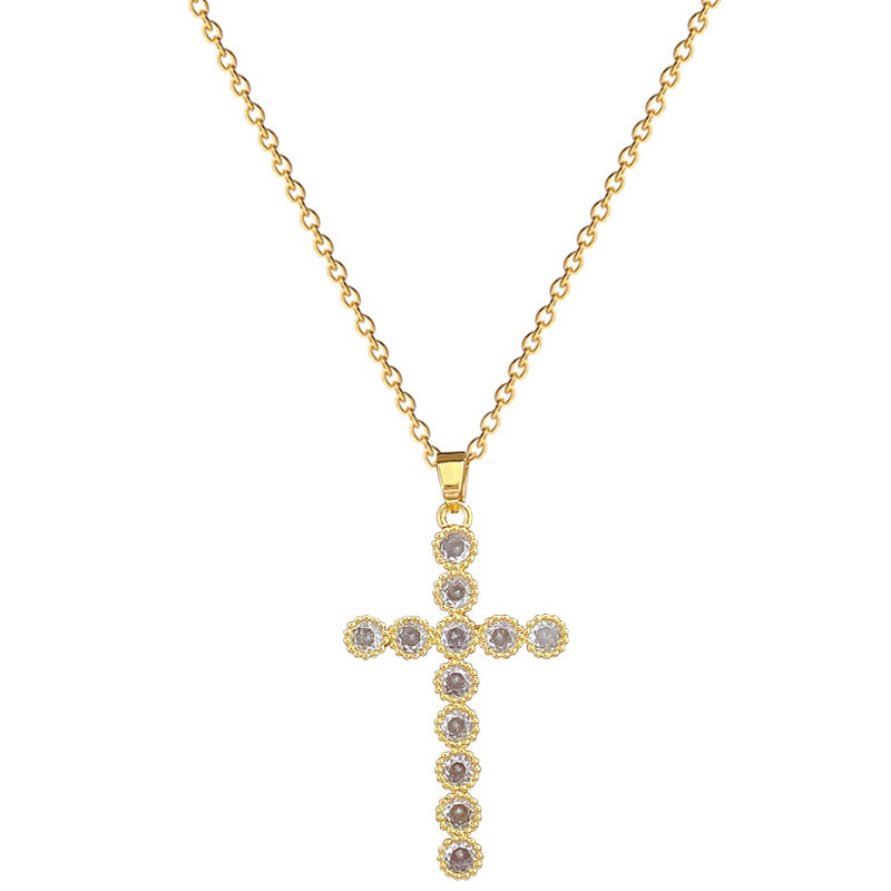 Sweet Minimalist Cross Geometric Rhinestone Plated Titanium Steel Necklace with Cable Chain for Unisex