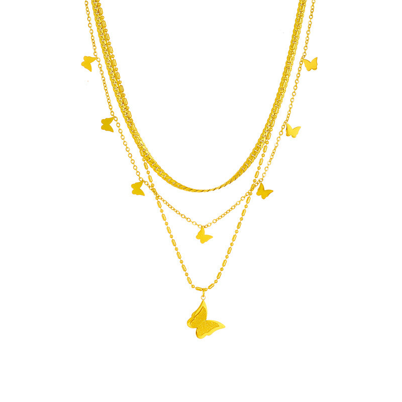 Minimalist Luxury Butterfly Pendant Necklace in Titanium Steel with Polished Finish and Multi-Layer Chain Design for Women