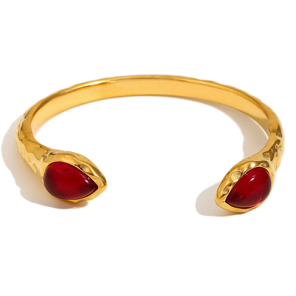 Bracciale da donna in acciaio inossidabile placcato oro 18 carati con testa di serpente doppia e agata, ispirato alla geometria vintage francese