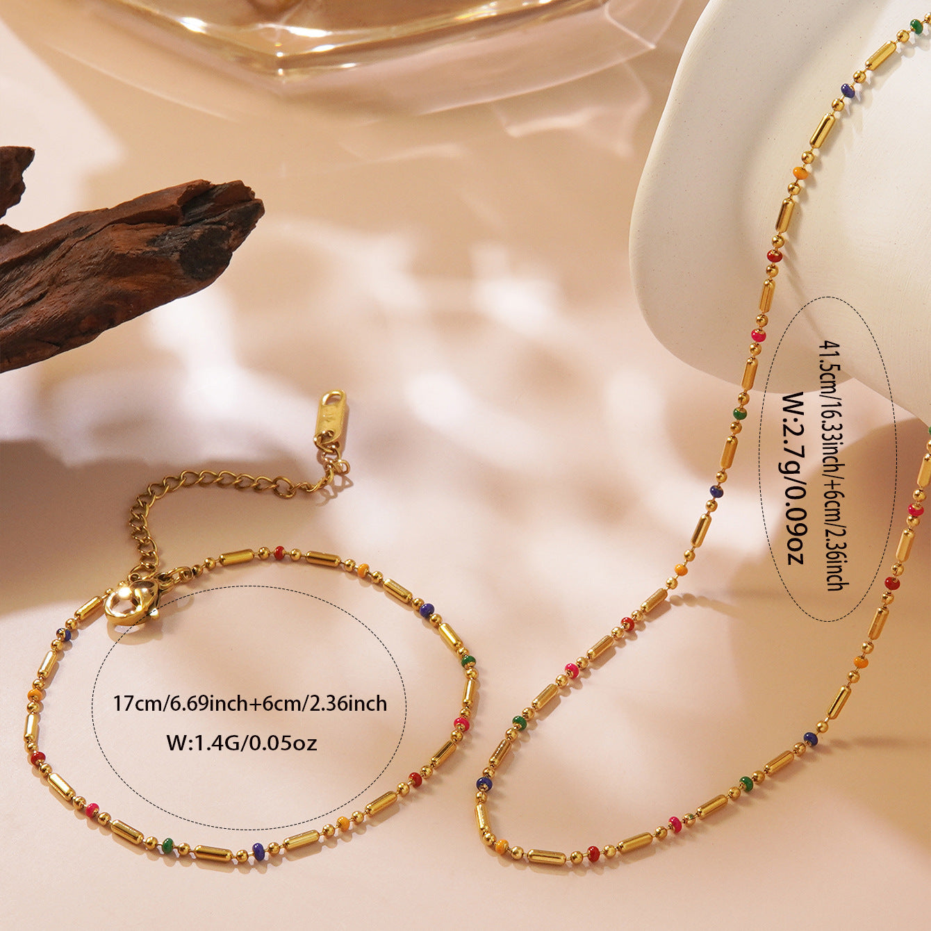 Minimalist Elegant 18K Gold Plated Stainless Steel Titanium Steel Geometric Round Seed Bead Necklace Bracelet Set