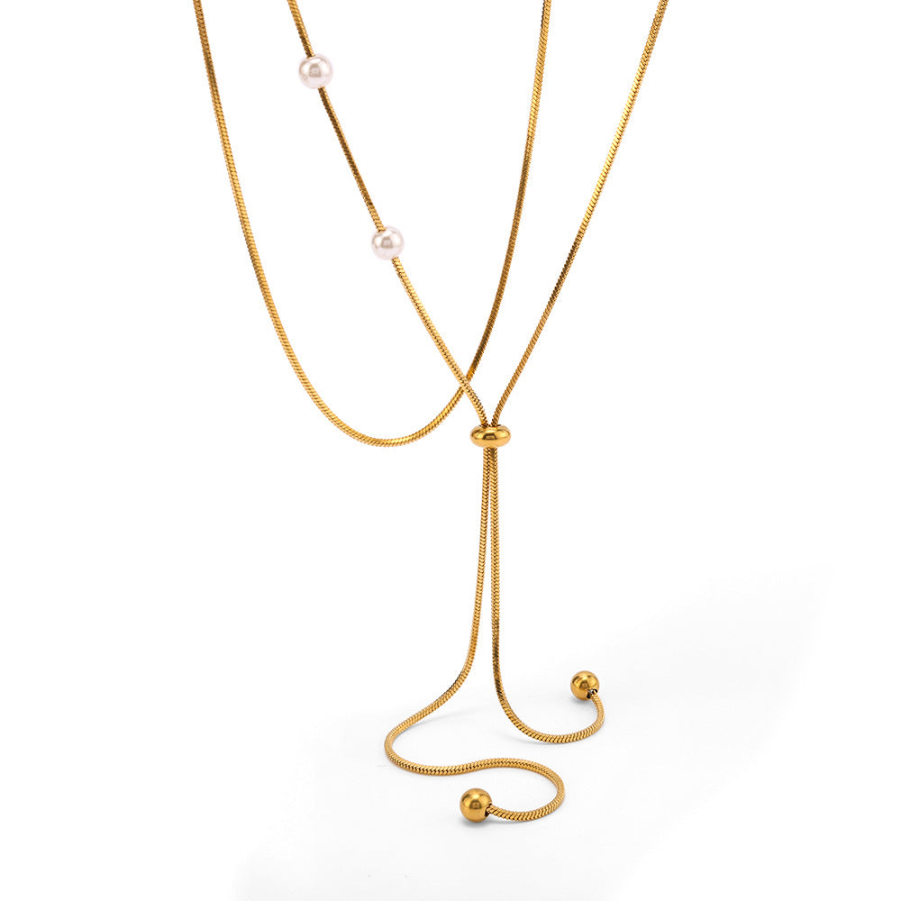 Minimalist Double-Layer Stainless Steel Necklace with 18K Gold-Plated Round Pendant and Adjustable Pearl Accent on O-Chain