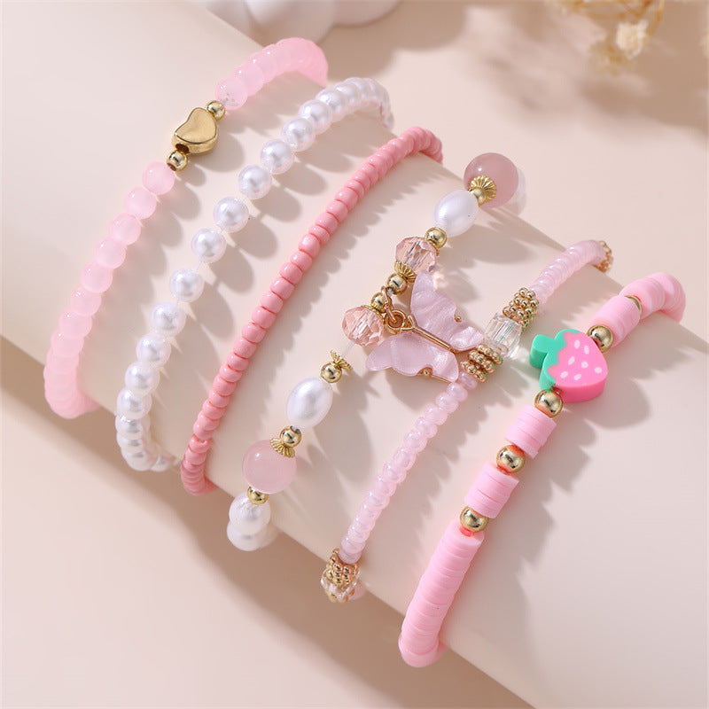 Juego de Pulseras Infantiles Hechas a Mano con Dijes de Mariposa y Fresa, Cuentas de Resina y Acentos de Cristal Blanco Estilo Princesa para Niñas de 6 a 10 Años