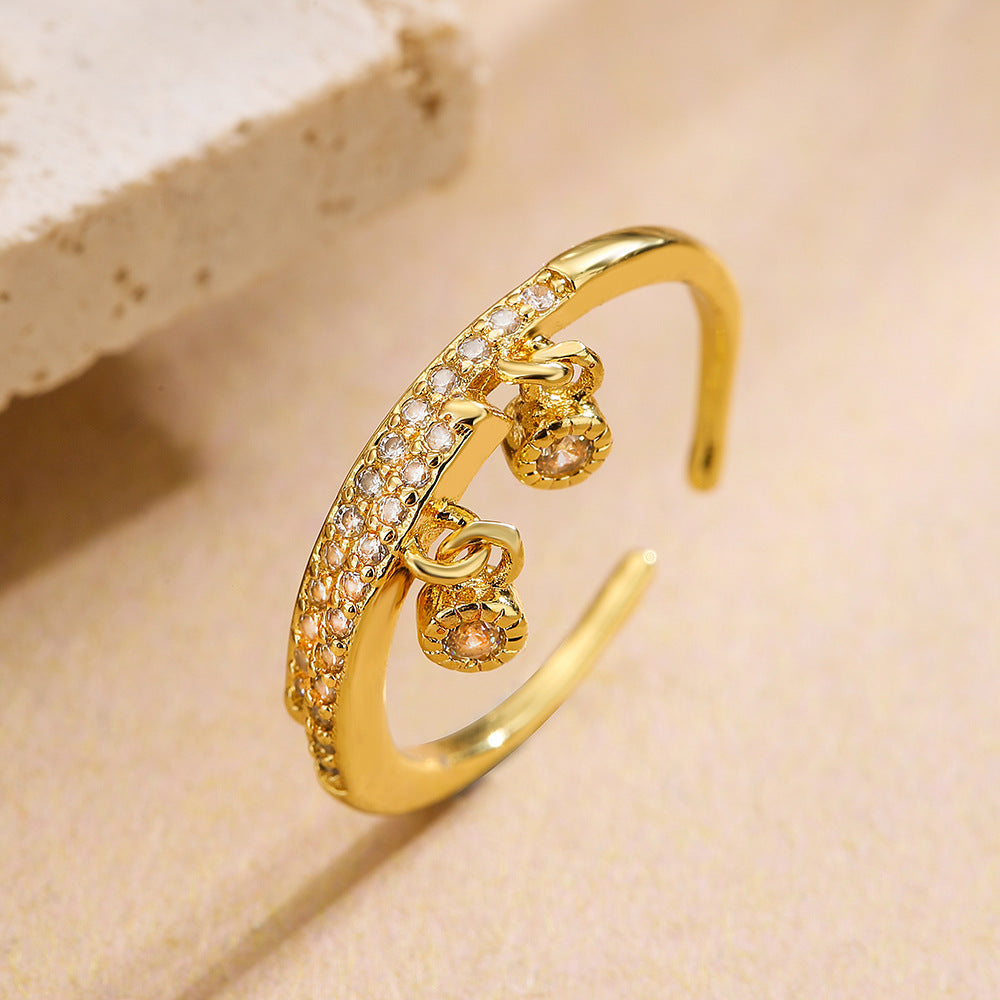 Anello geometrico in rame a forma di cuore con micro-pavé di zirconi per donna, fascia alla moda e unica
