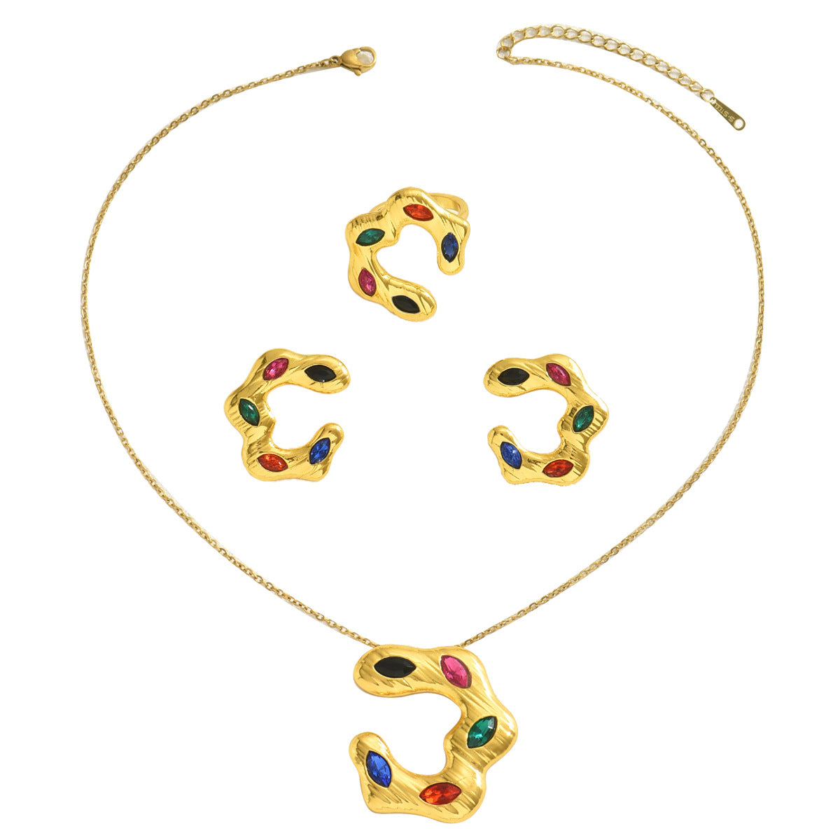 Minimalist C-Shaped Women's Necklace Set with Geometric Pattern Copper Pendant and Rhinestone Inlay, Includes Matching Earrings and Bracelet
