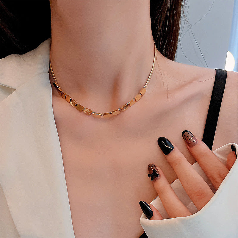 Minimalist Geometric Square Smile Titanium Steel Necklace for Women with Snake Chain
