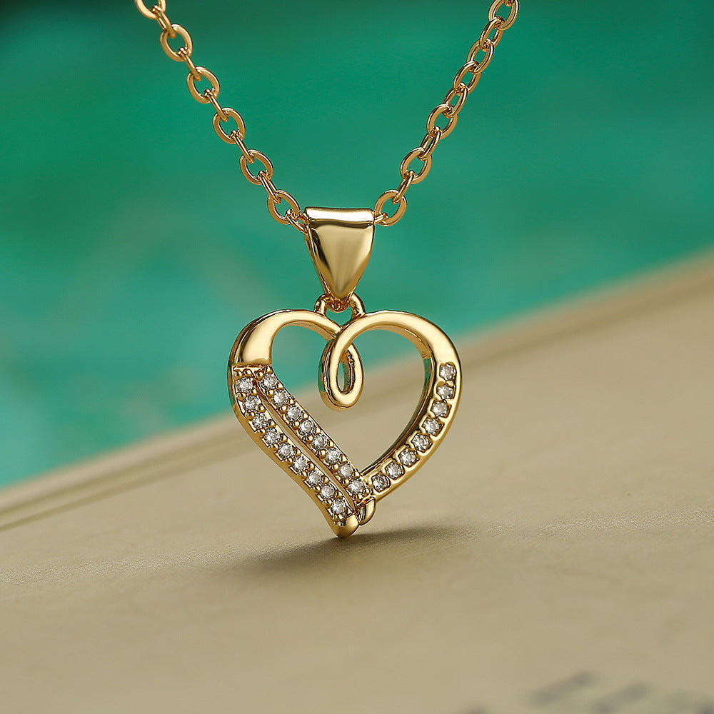 Collana con Pendente a Cuore Minimalista in Rame, Placcata Oro Vero e con Accenti in Zircone per Donna