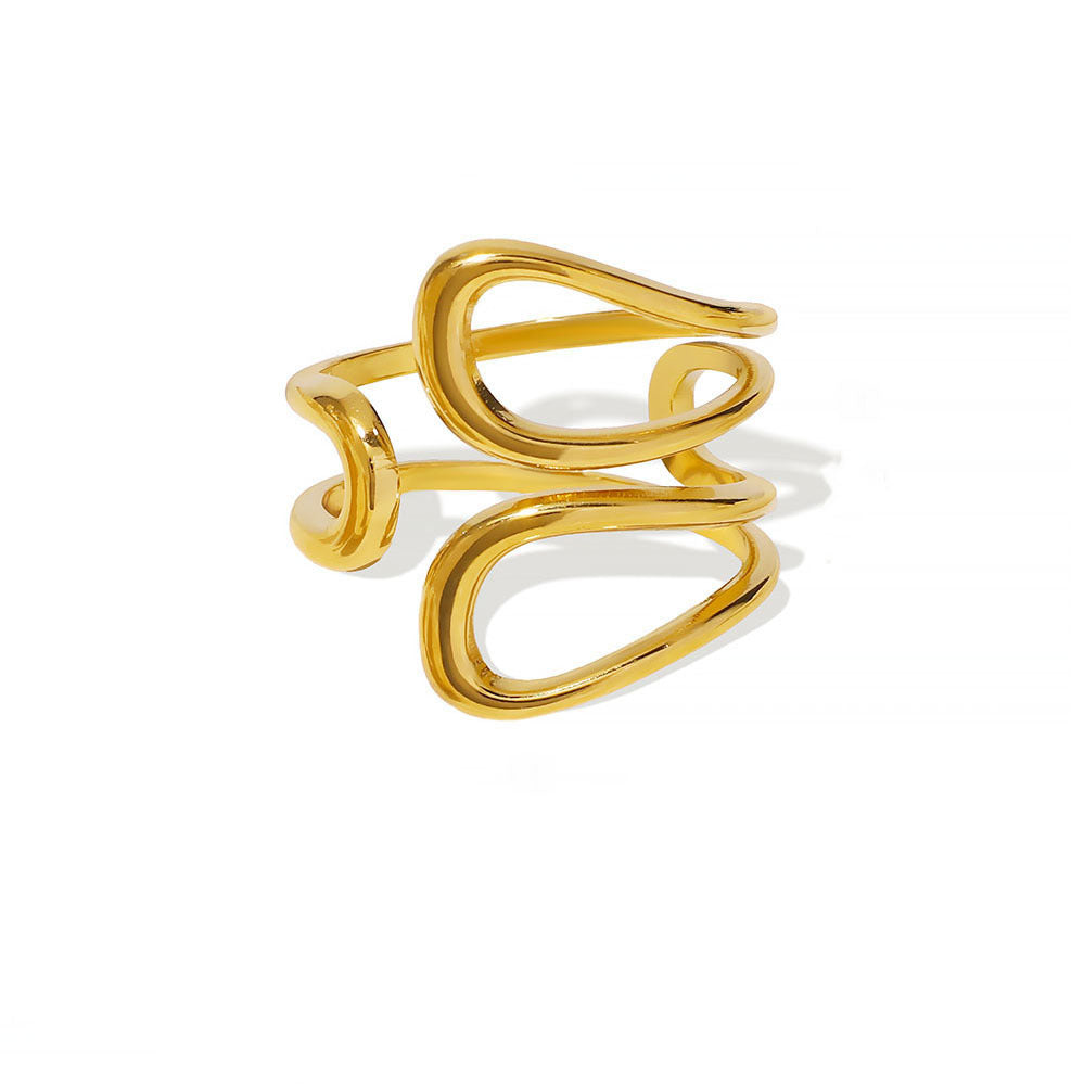Minimalist Asymmetrical Hollow Oval Stainless Steel Ring with Plated Finish Adjustable Unisex Jewelry