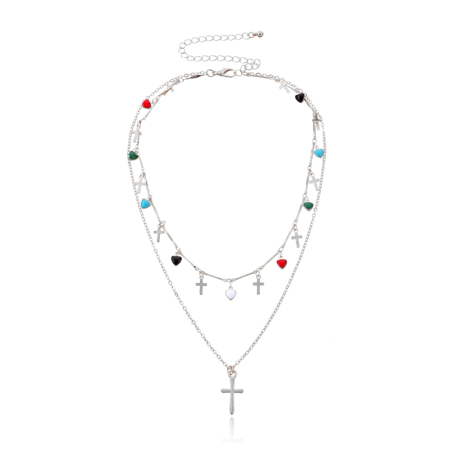 Minimalist Cross Heart Geometric Alloy Necklace with Colorful Rhinestone Enamel Drop, Plated Regular Chain for Women