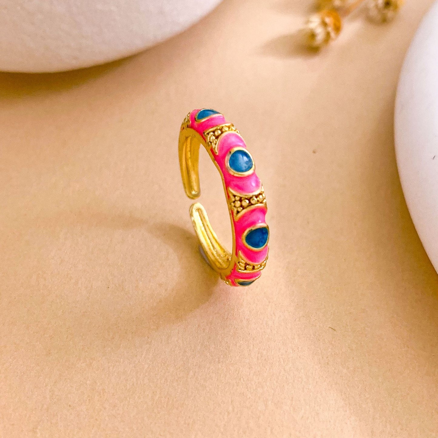 Sweet Minimalist Round Brass Ring with Enamel Evil Eye and Cubic Zirconia Inlay, Gold Plated Adjustable Band for Women