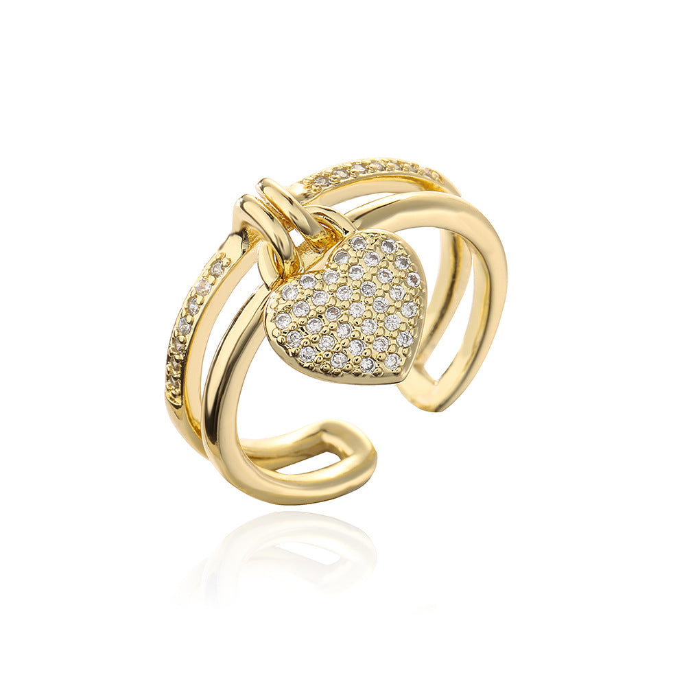 Anello a cuore vuoto geometrico da donna in ottone placcato oro 18K con micro incastonatura a pavé