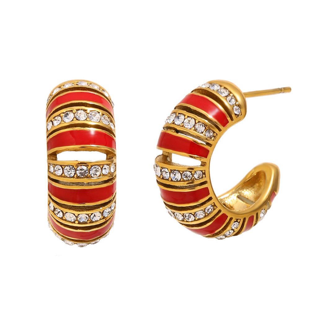 Minimalist Geometric Stainless Steel 18K Gold Plated Hollow C-Shaped Rhinestone Accent Enamel Drop Earrings for Women