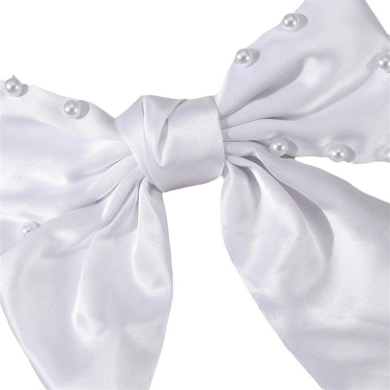 Lindo y fresco pasador con diseño de lazo blanco grande, broche de resorte adornado con perlas para mujeres y niñas