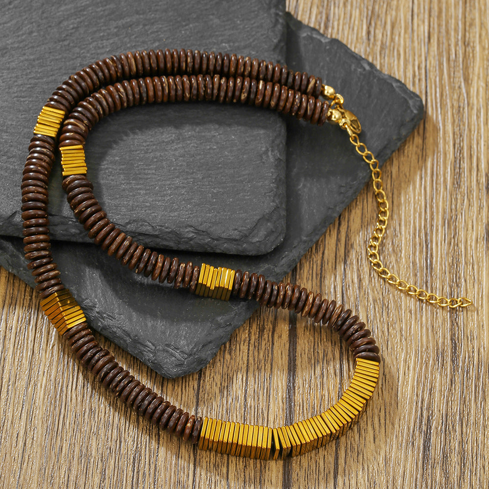 Sweet Punk Geometric Handmade Hematite Agate Coconut Shell Stone Beaded Necklace Cable Chain Unisex