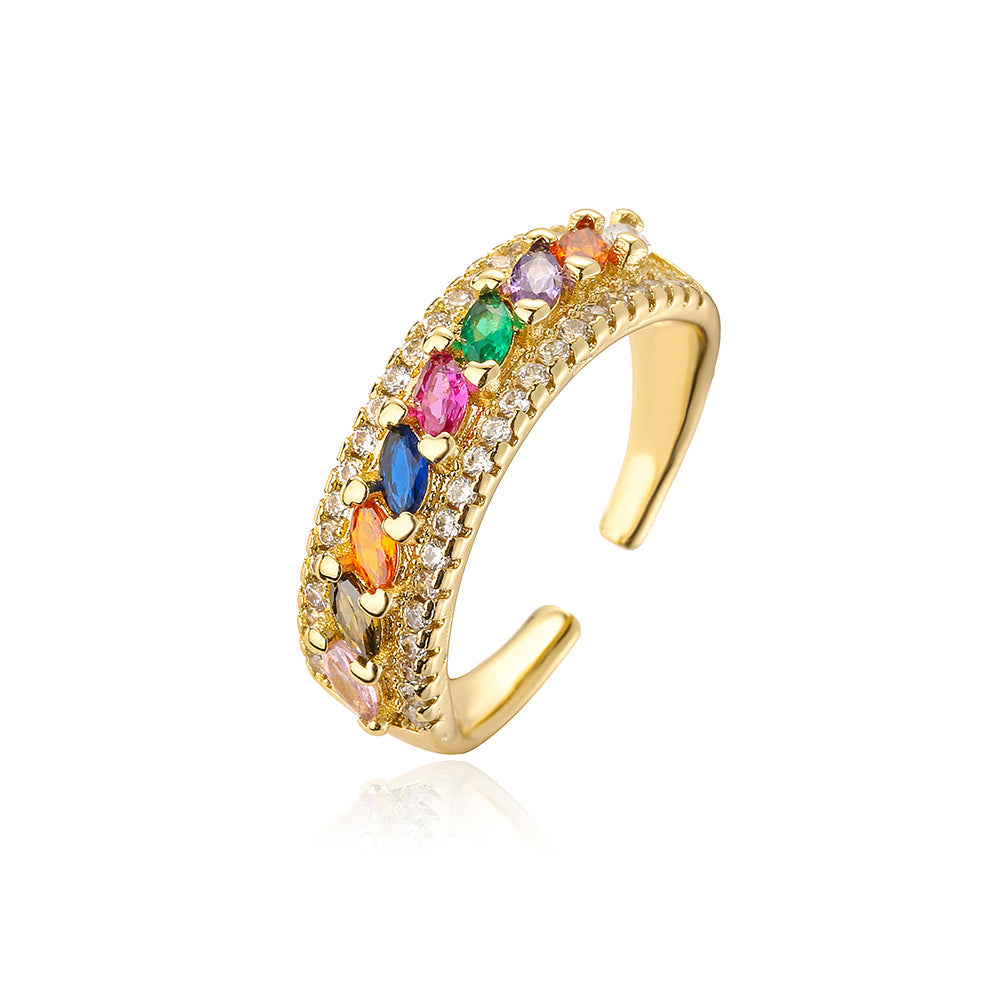 Minimalist Geometric Copper Ring with 18K Gold Plating and Colored Zircon Inlay for Women