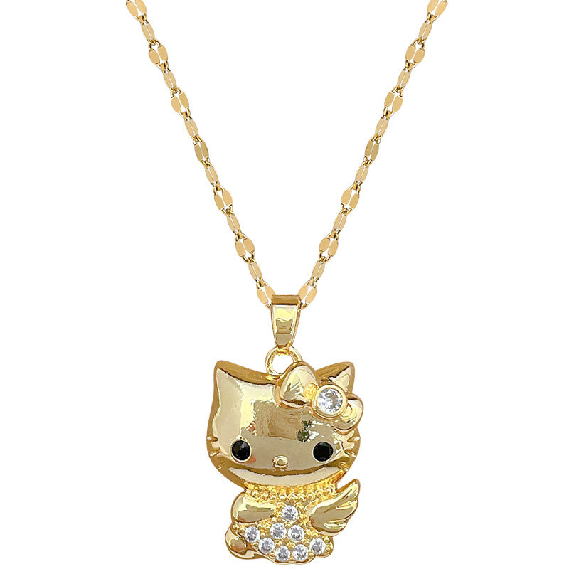 Collana con Pendente Lusso Ali Gatto Strass in Acciaio al Titanio Stile Geometrico Unisex