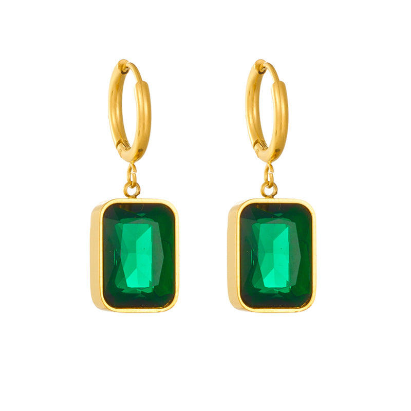 Vintage-Inspired Geometric Green Faceted Gemstone Earrings in Gold-Plated Titanium Steel for Women