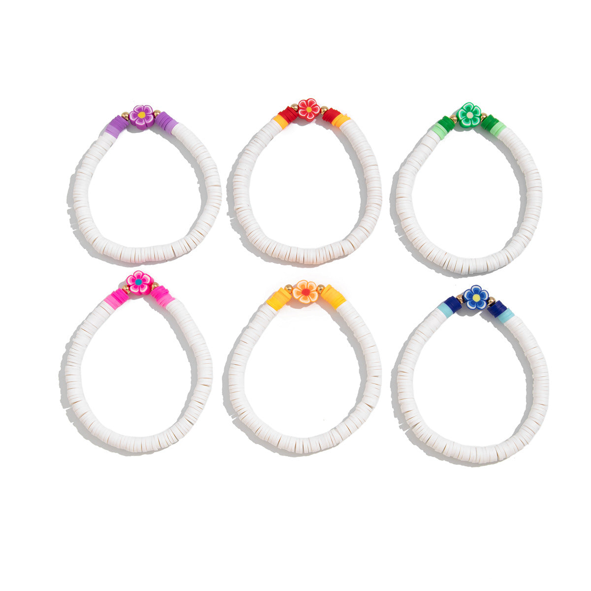 Set de pulseras apilables de arcilla polimérica hechas a mano con flores bohemias para mujer con detalles geométricos y estilo dulce y fresco