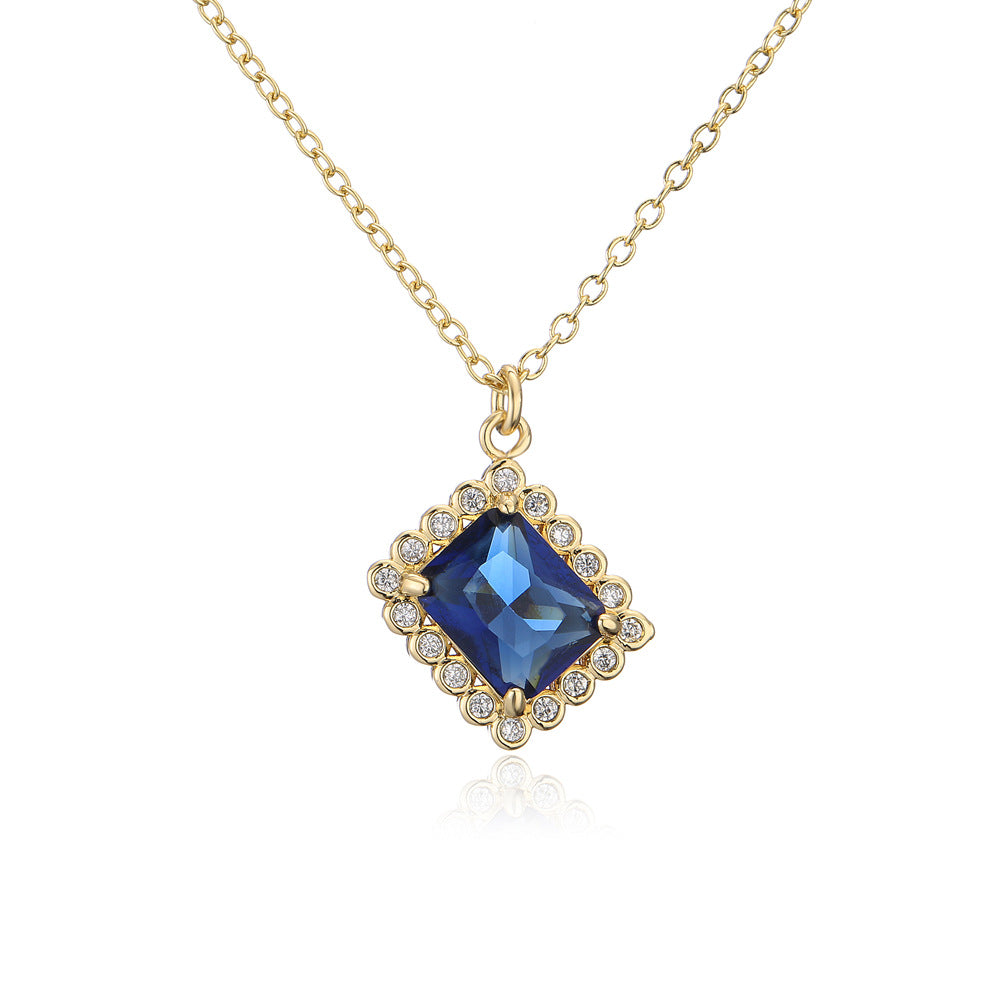 INS Style Geometric Green Zircon Pendant Necklace for Women with Copper Base and 18K Gold Plating