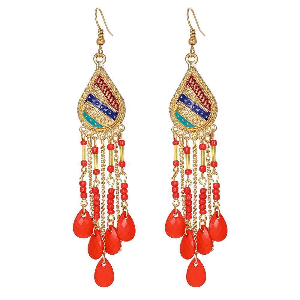 Bohemian Ethnic Teardrop Geometric Seed Bead Tassel Alloy Plated Earrings for Unisex
