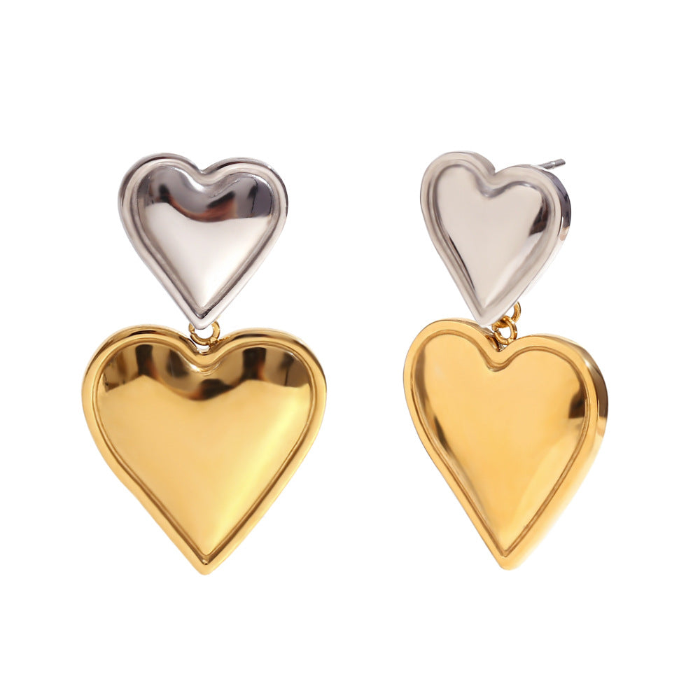 Aretes de acero inoxidable con forma de corazón de dos niveles, chapados en oro de 18 quilates, a la moda para mujer