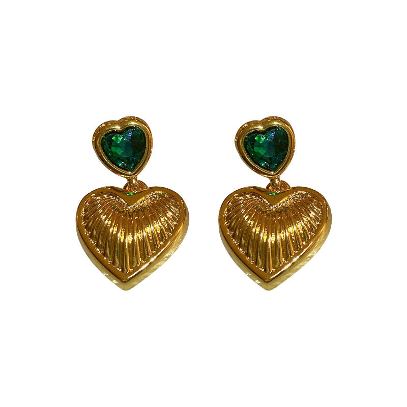 Orecchini vintage a cuore minimalisti in rame con strass intarsiati e perni placcati argento da donna