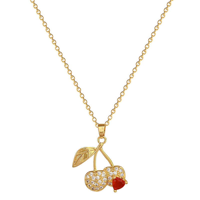 Collana con ciondolo a ciliegia stile cartone animato con strass per donna, catena in acciaio al titanio, design geometrico, stile minimalista a medaglione