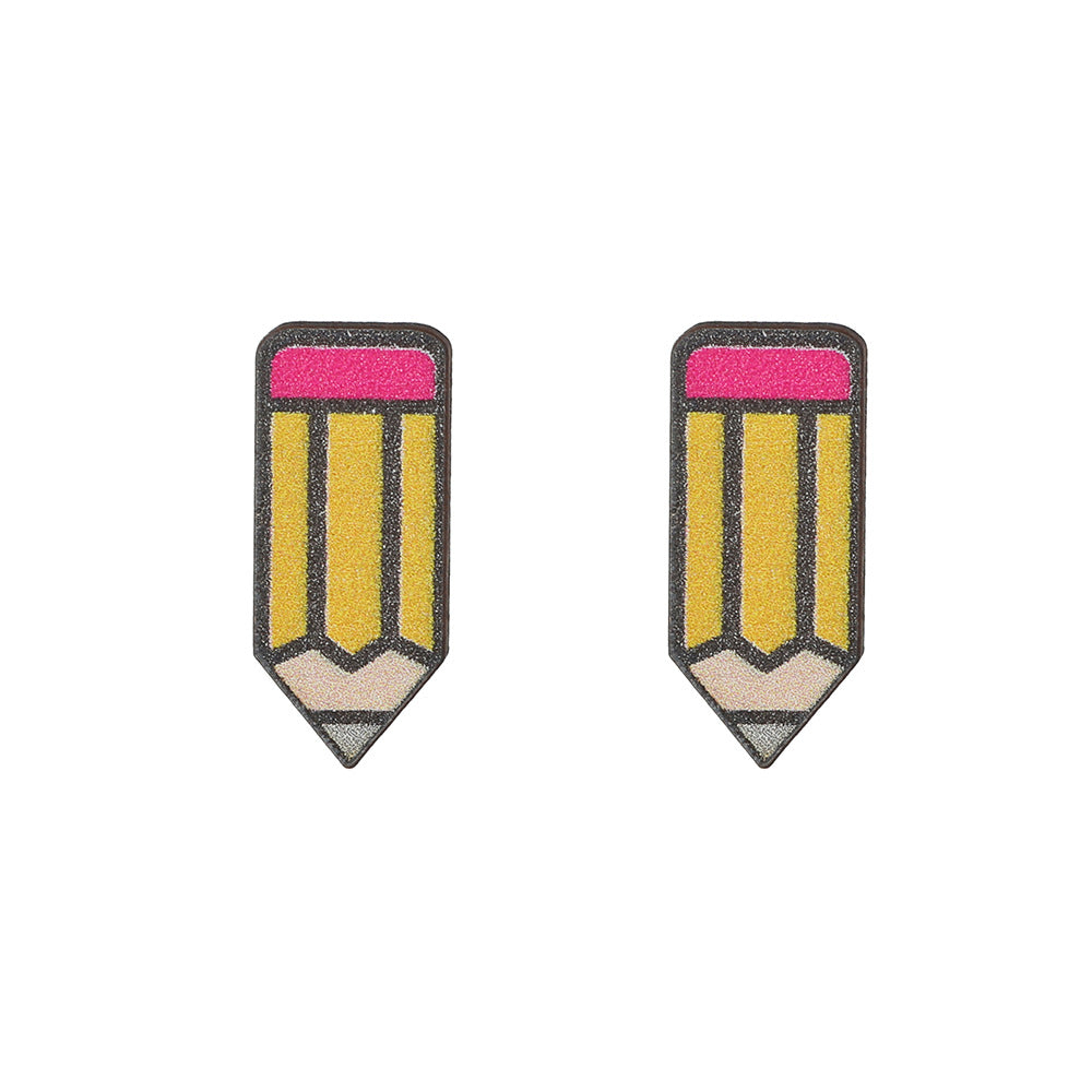 Minimalist Wood Book Scissors Ruler Pencil Shaped Earrings for Teachers
