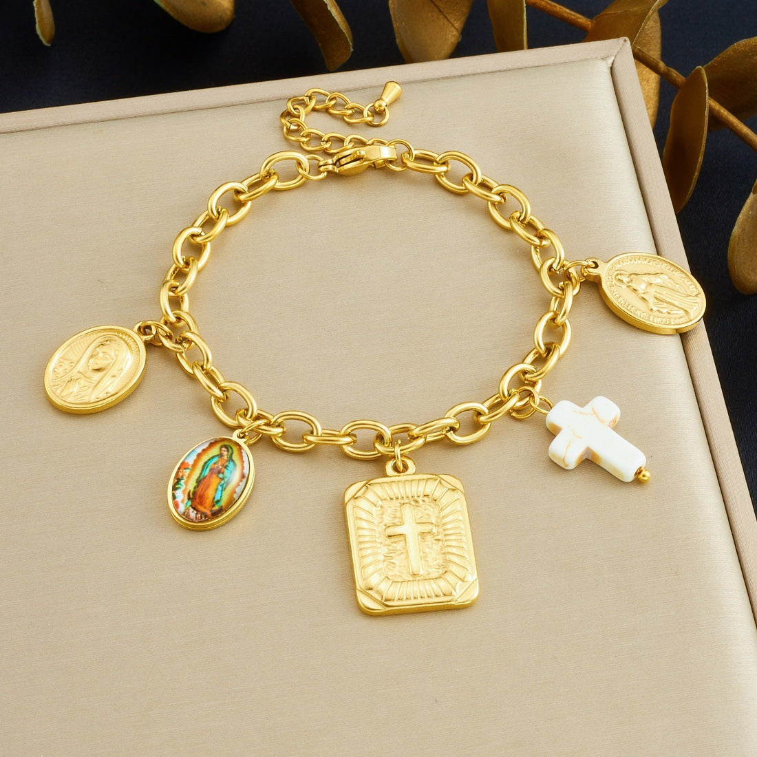 Vintage Elegant Gold Plated Stainless Steel Cross and Round Pendant Necklace Set with Cable Chain for Women
