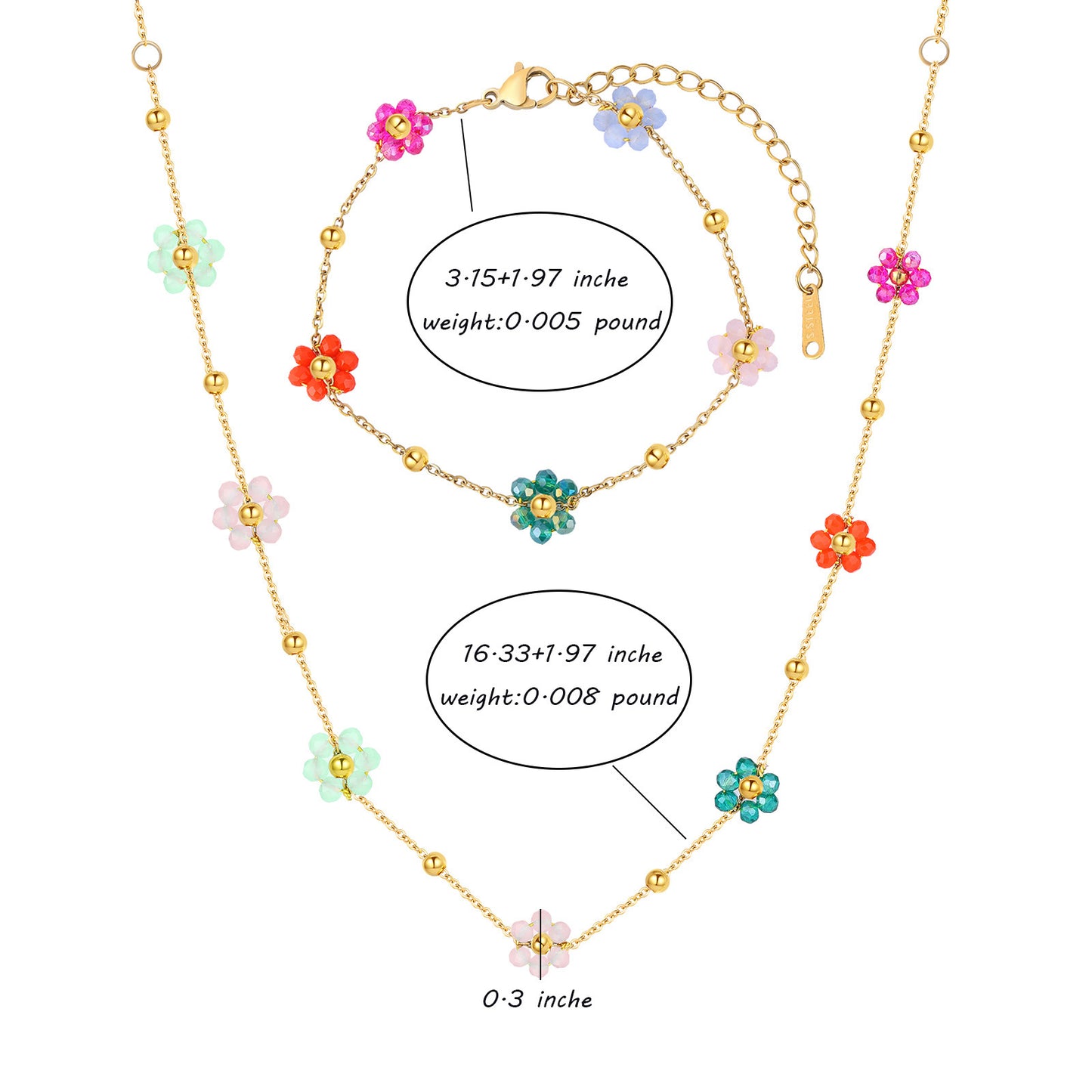 Set Collana e Bracciale da Donna con Perline e Fiori placcati in Acciaio Inossidabile, con Motivo Floreale di Tendenza