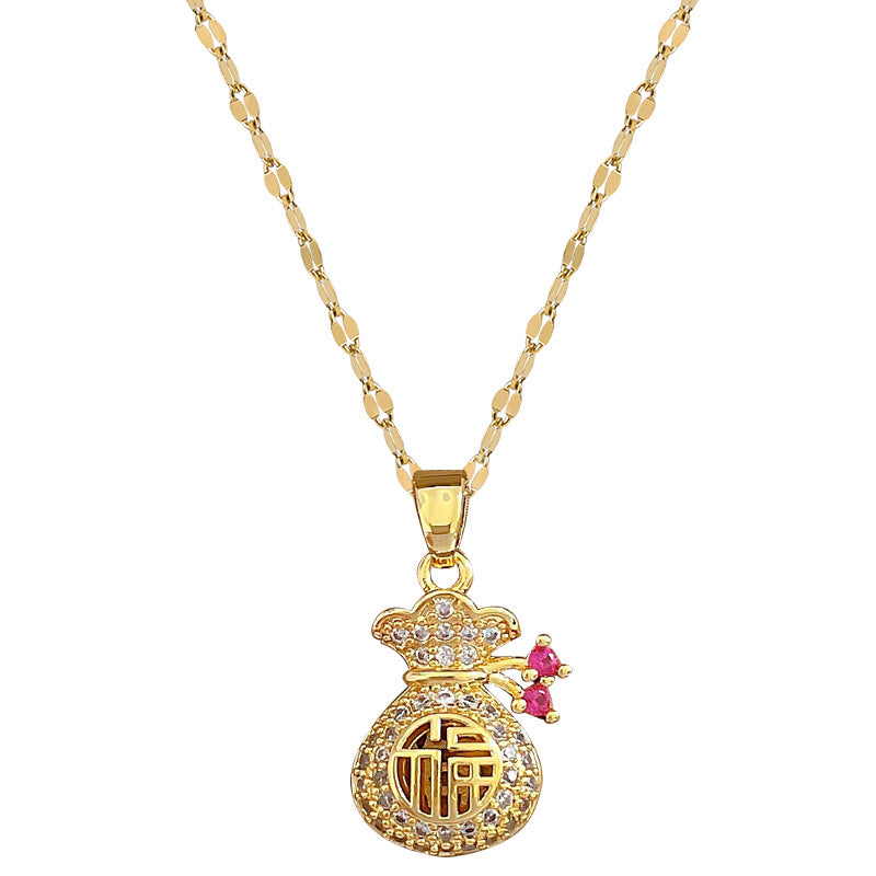 Collana con ciondolo a catena per labbra in acciaio al titanio con intarsio di strass e motivo del carattere cinese "Fu", stile dolce e fresco geometrico