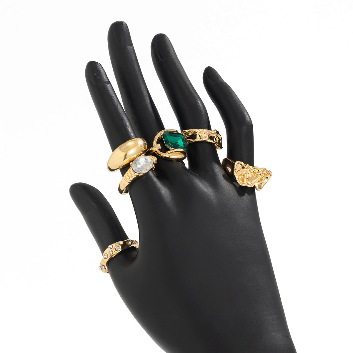 Anillo vintage de aleación geométrica con incrustaciones de diamantes de imitación y banda abierta ondulada para mujer