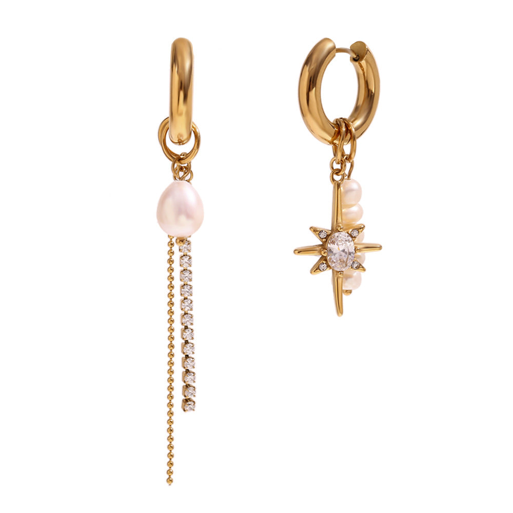 Asymmetrical Geometric Stainless Steel Earrings with Freshwater Pearl and Zircon Star Pendant for Women