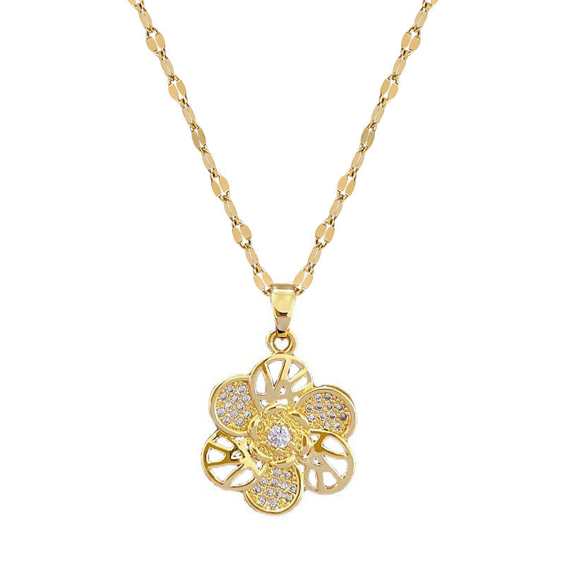 Collana con pendente a fiore girevole di lusso da donna in acciaio inossidabile, catena a medaglione geometrica per banchetti nuziali ed eleganza quotidiana