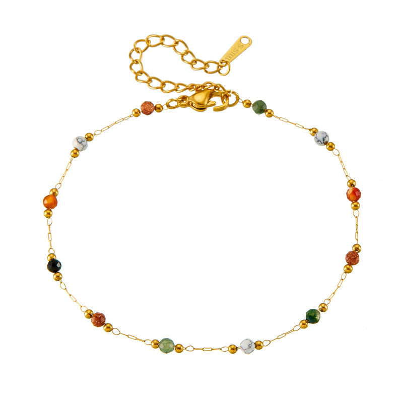 Vintage Bohemian Colored Stones Stainless Steel Plated Chain Bracelet