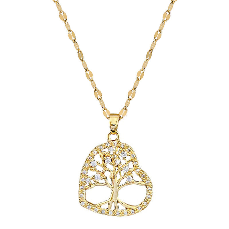 Collana con ciondolo albero della vita minimalista a forma di cuore da donna in acciaio al titanio con finitura placcata, catena sottile per clavicola