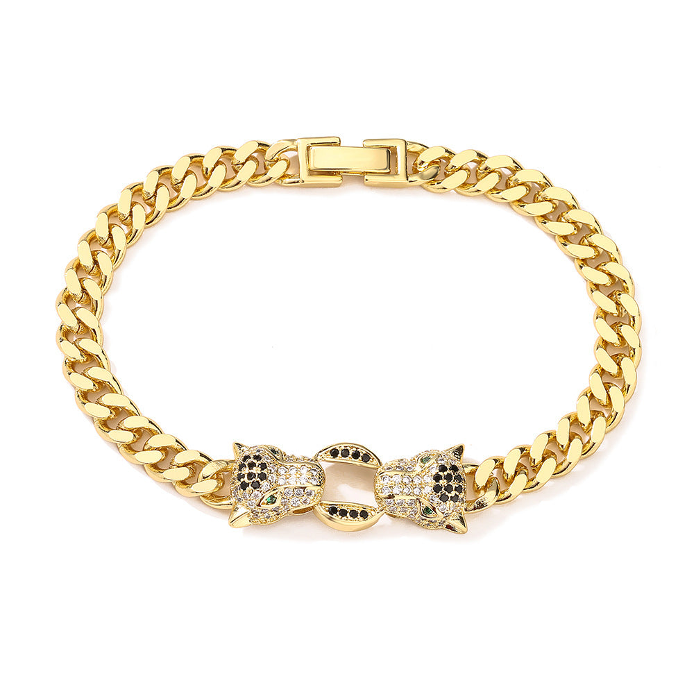 Bracciale Cubano Geometrico a Forma di Leopardo alla Moda da Donna in Rame Placcato Oro con Intarsio di Zirconi