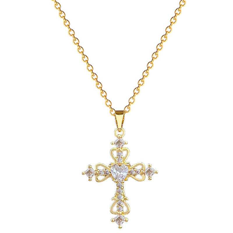 Sweet Hollow Heart Cross Rhinestone Titanium Steel Necklace for Unisex
