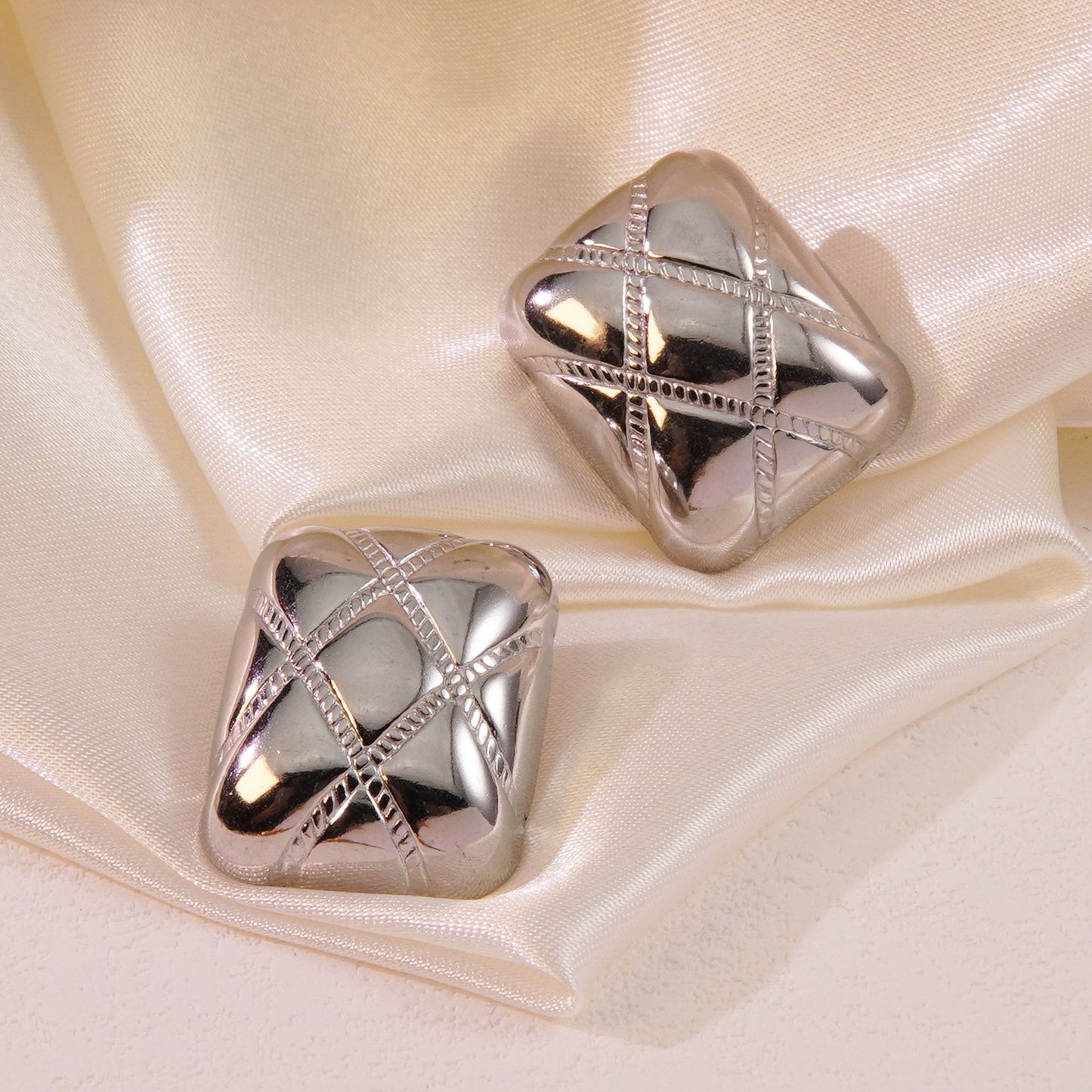 Casual Geometric Square Stainless Steel Stud Earrings with Striped Design for Women