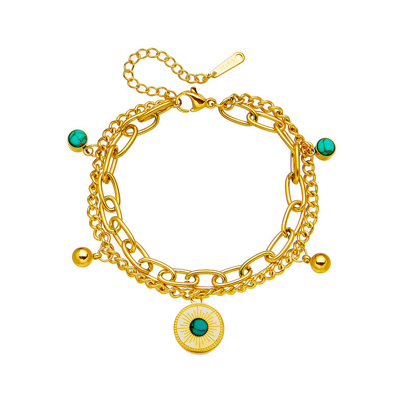 Minimalist Vintage Double Layer Turquoise Pendant Bracelet in Titanium Steel with Gold Plating