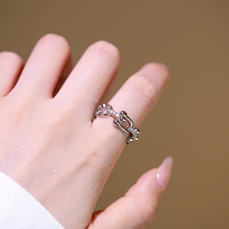 Anello Lusso Regolabile Aperto da Donna con Intarsio in Zirconi su Fascia in Ottone Placcato Oro a Goccia Cuore e Forme Geometriche