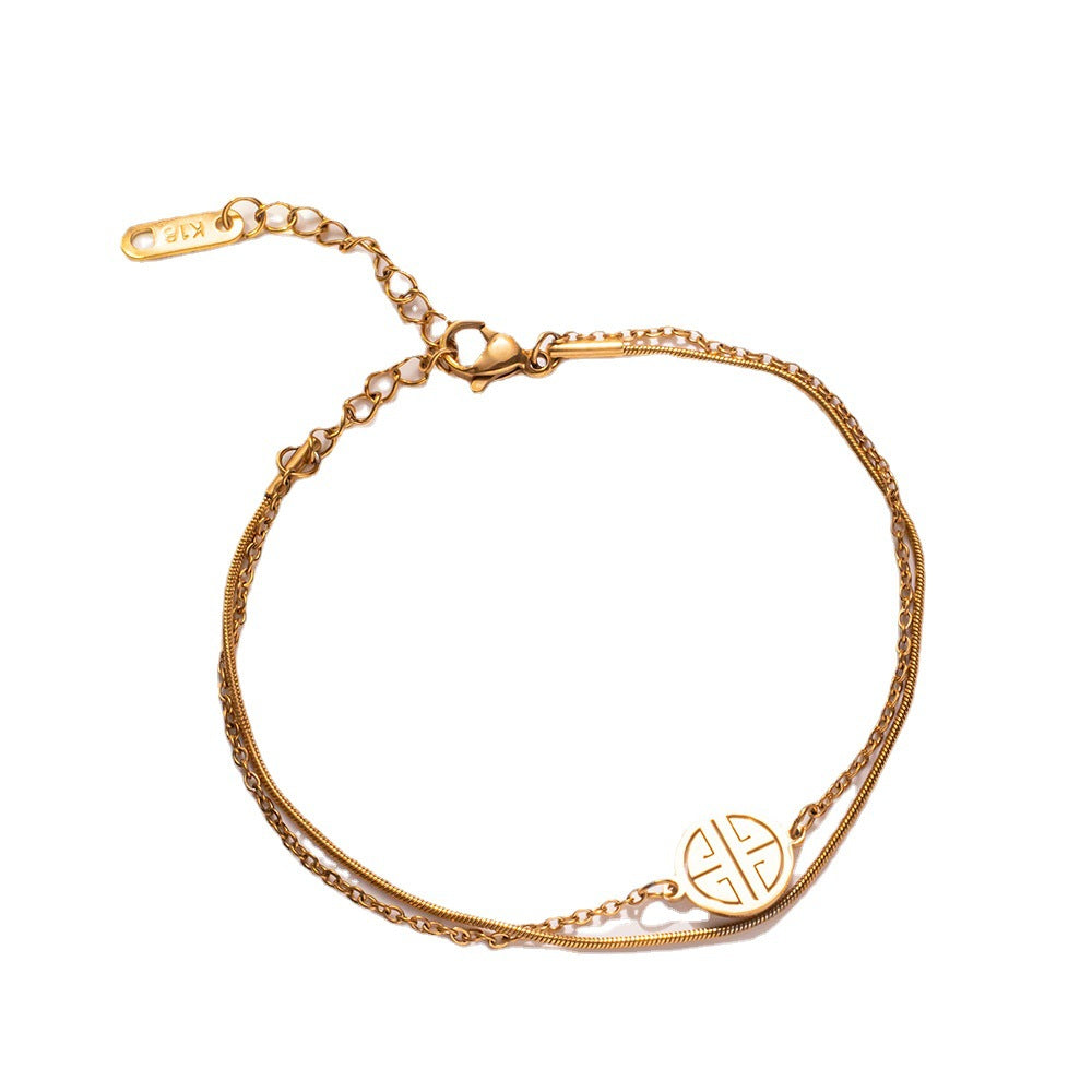Bracciale da donna minimalista con ciondolo a doppio strato con carattere cinese portafortuna in acciaio al titanio con finitura galvanica