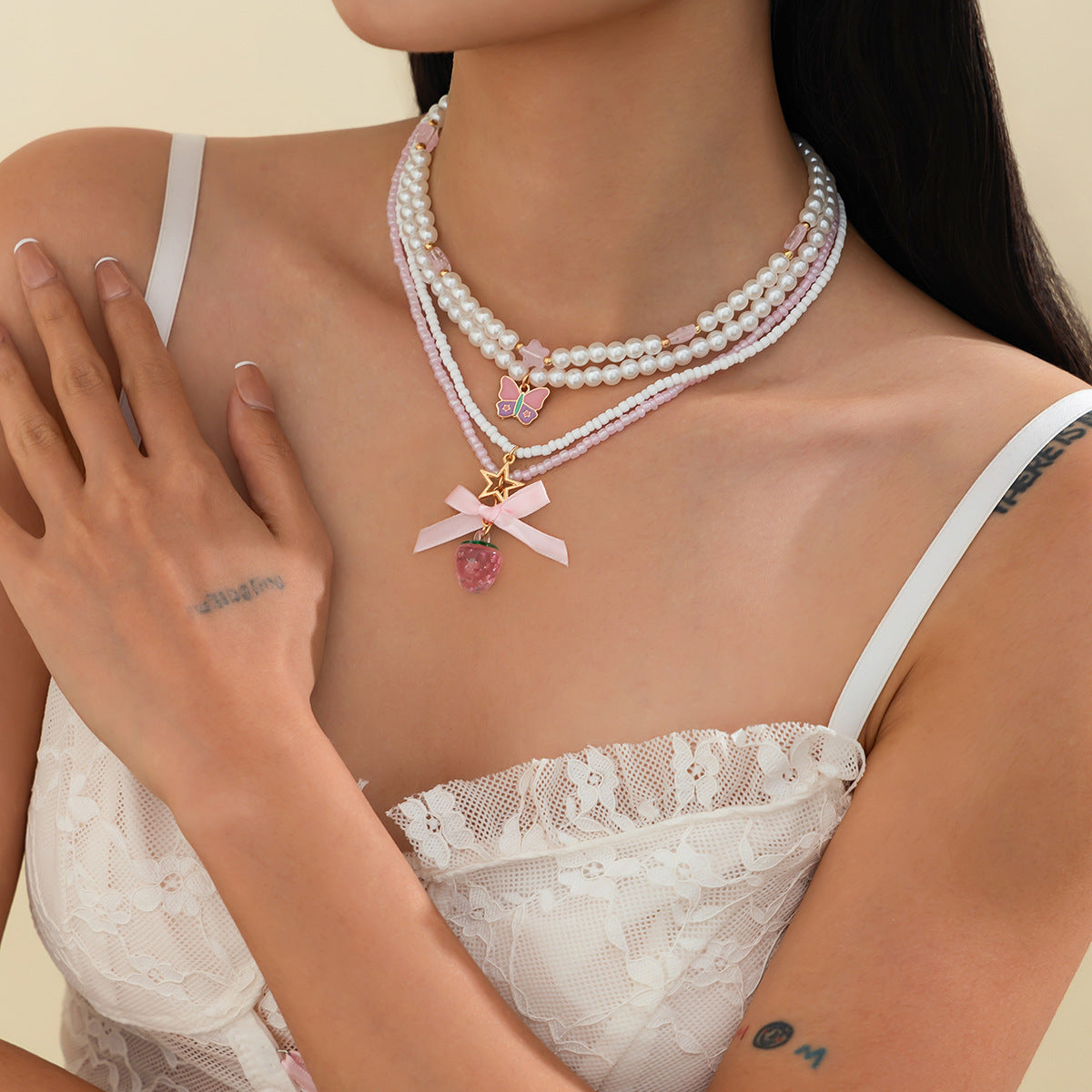 Pastel Floral Strawberry Pendant Necklace with Star and Wing Motifs in Alloy with Pearlized Finish for Women