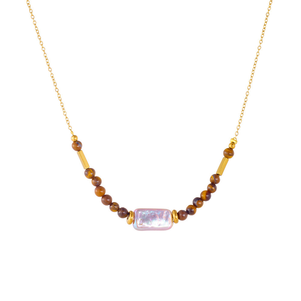 Elegant Gold Plated Stainless Steel Necklace with Agate and Pearl Beads
