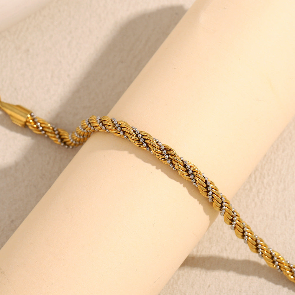 Minimalist Geometric Titanium Steel Bracelet with 18K Gold Plated Twisted Beads and Chain