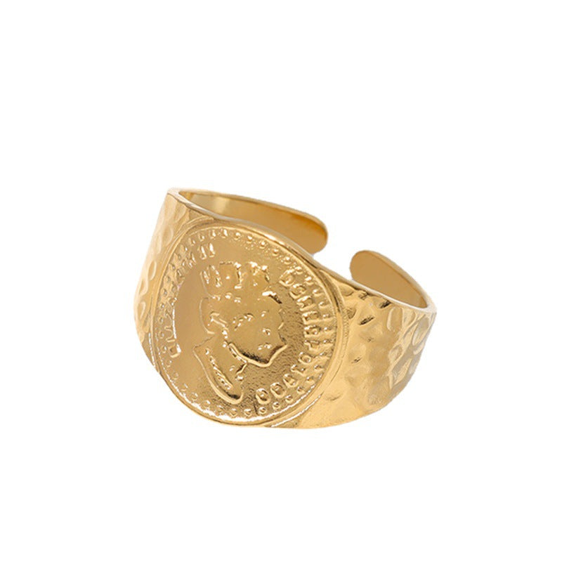 Anello con Fascia Aperta Regolabile Ispirato al Vintage per Donna Acciaio Inossidabile Design Testa di Regina Anello Minimalista in Acciaio al Titanio