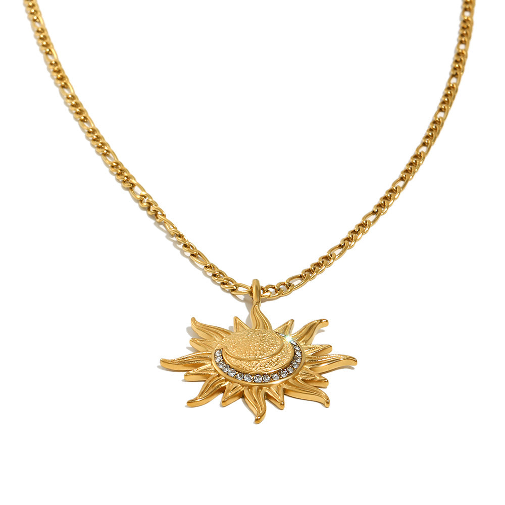 Minimalist Geometric Sun Pendant Necklace in Stainless Steel with 18K Gold Plating on Figaro Chain for Women