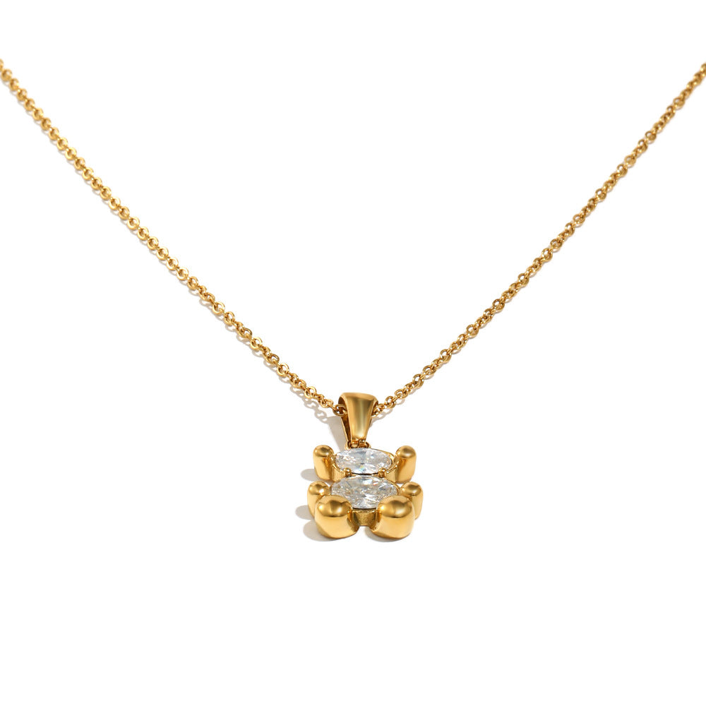 Casual 18K Gold Plated Stainless Steel Bear Cubic Zirconia Pendant Necklace for Women