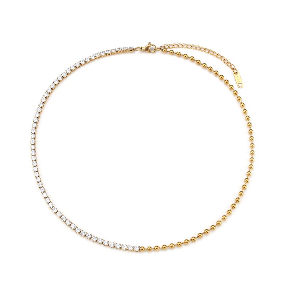 Fashionable Geometric Stainless Steel Necklace with 18K Gold Plating and Zircon Accents for Women