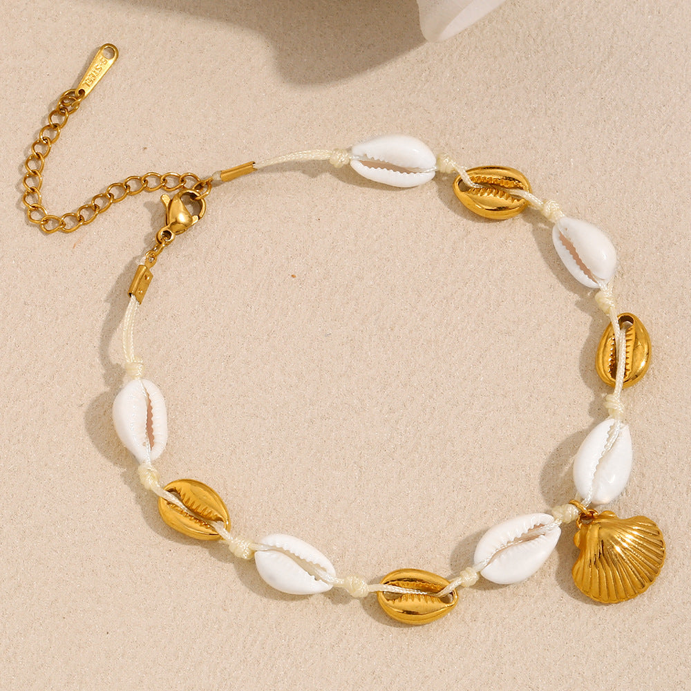 Bohemian Style Geometric Stainless Steel Plated 18K Gold Shell and Scallop Anklet for Women